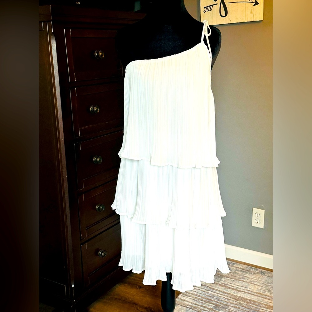 White Maxi Dress with Asymmetrical Pleated Tiers